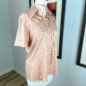 Vintage Peach Floral 60s 70s Polyester Leisure Shirt Blouse With Tie